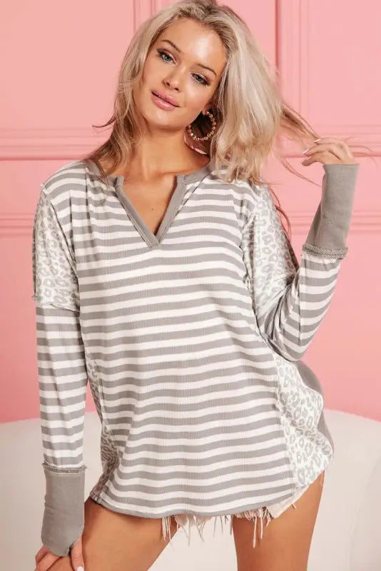 Striped patch thumbhole sleeve top - long tops