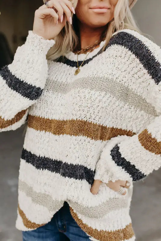 Striped popcorn knit sweater - sweaters