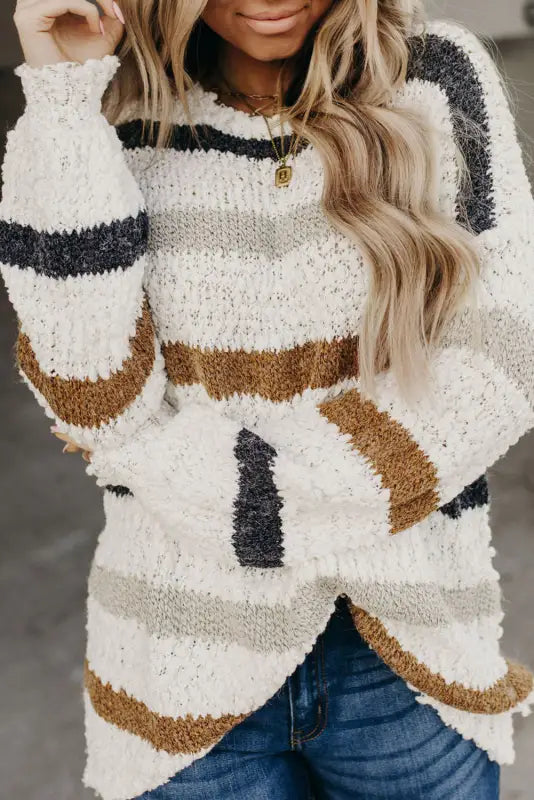 Striped popcorn knit sweater - sweaters