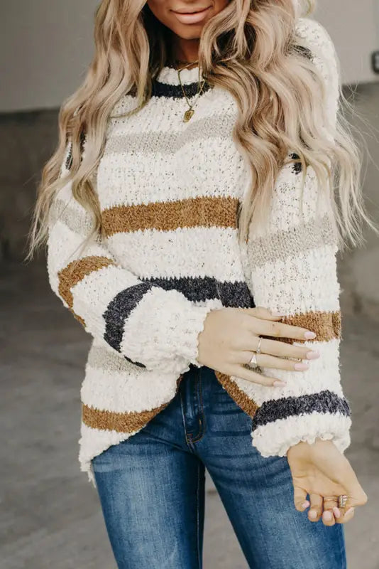 Striped popcorn knit sweater - sweaters