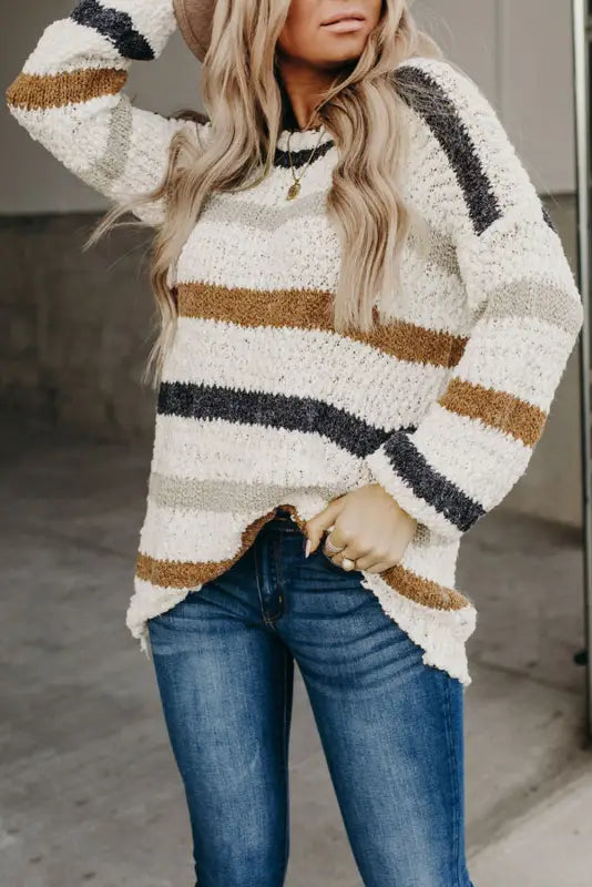 Striped popcorn knit sweater - sweaters