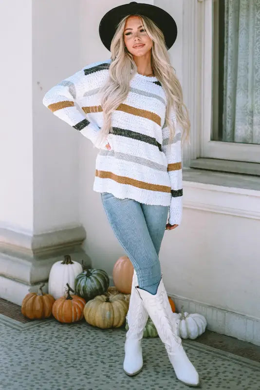 Striped popcorn knit sweater - sweaters