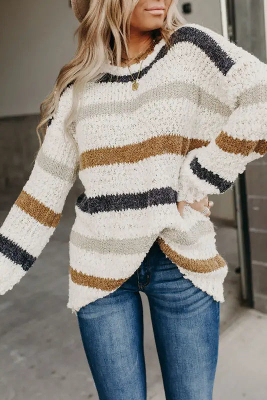 Striped popcorn knit sweater - sweaters