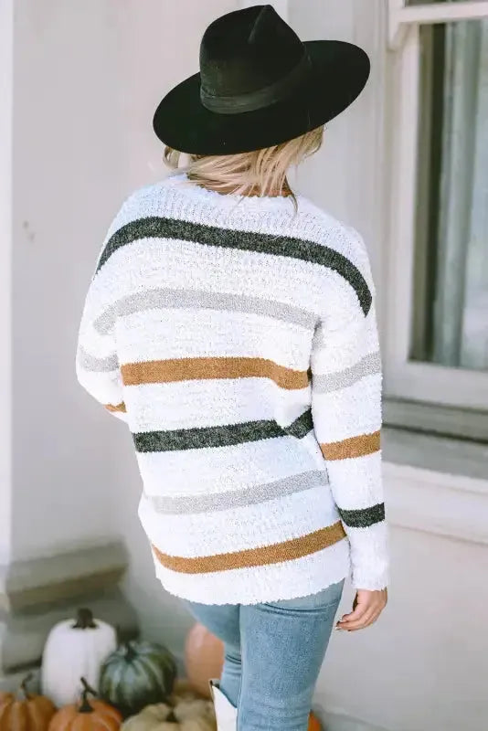 Striped Popcorn Knit Sweater - Fashionfitz