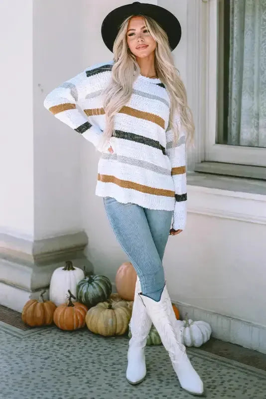 Striped Popcorn Knit Sweater - Fashionfitz