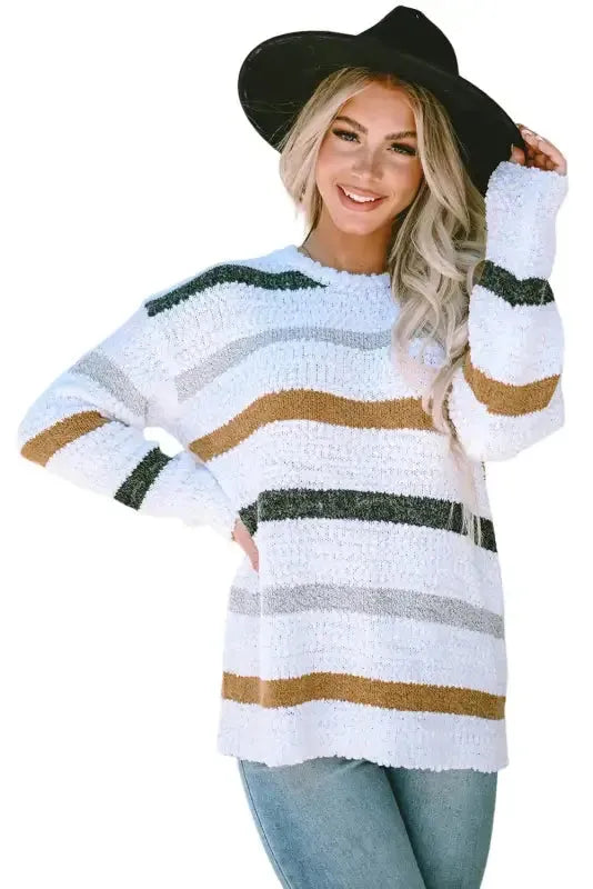 Striped Popcorn Knit Sweater - Fashionfitz