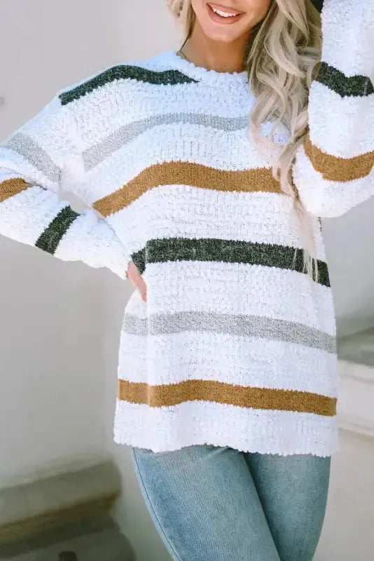 Striped Popcorn Knit Sweater - Fashionfitz