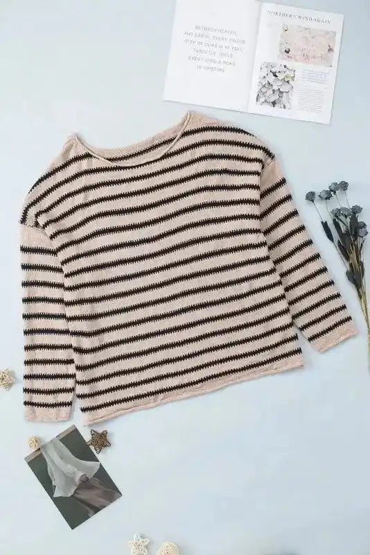 Striped Print Dropped Shoulder Loose Sleeve Sweater - Fashionfitz
