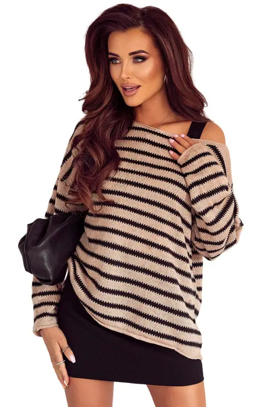 Striped print dropped shoulder loose sleeve sweater - sweaters & cardigans