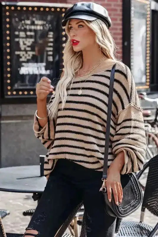 Striped Print Dropped Shoulder Loose Sleeve Sweater - Fashionfitz