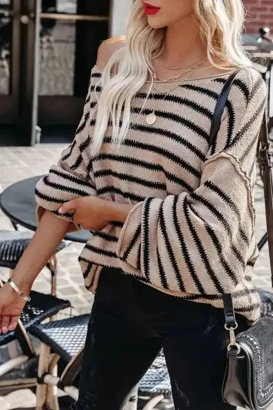 Striped Print Dropped Shoulder Loose Sleeve Sweater - Fashionfitz