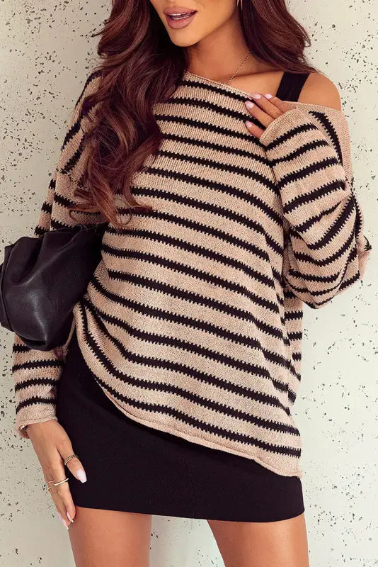 Striped print dropped shoulder loose sleeve sweater - sweaters & cardigans