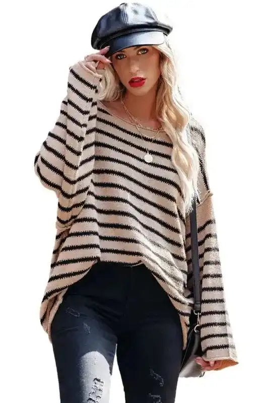 Striped Print Dropped Shoulder Loose Sleeve Sweater - Fashionfitz