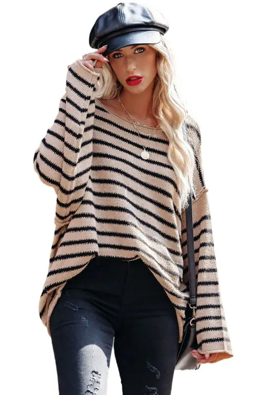 Striped print dropped shoulder loose sleeve sweater - sweaters & cardigans