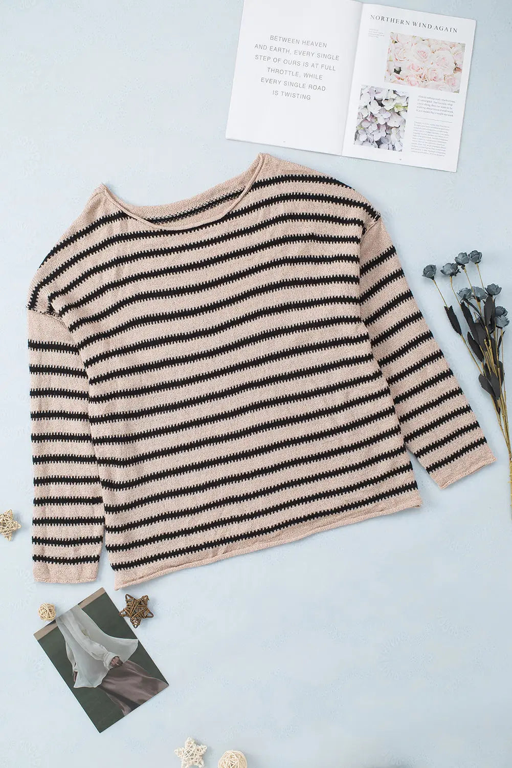 Striped print dropped shoulder loose sleeve sweater - sweaters & cardigans