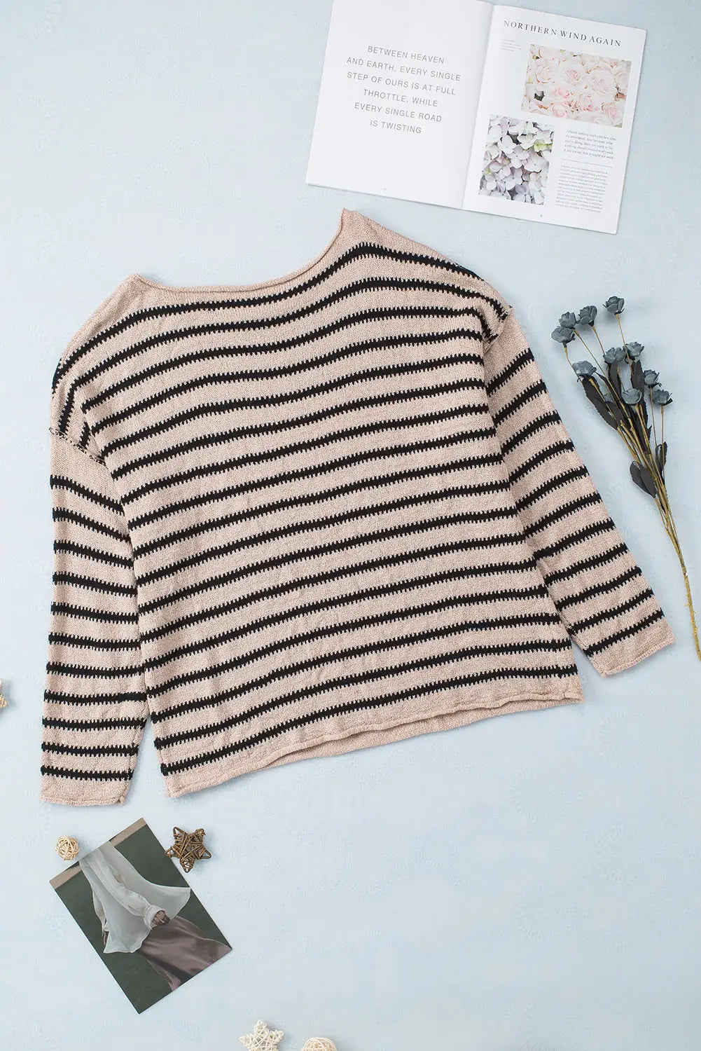 Striped print dropped shoulder loose sleeve sweater - sweaters & cardigans