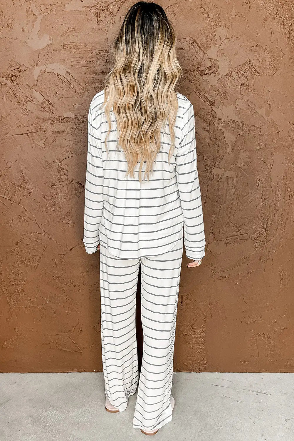 Striped print long sleeve and pants pajamas set - loungewear