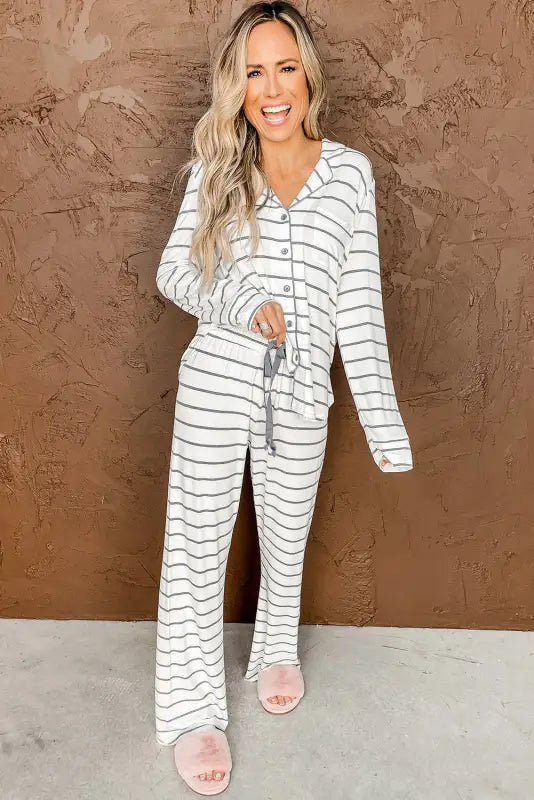 Striped print long sleeve and pants pajamas set - pajama sets