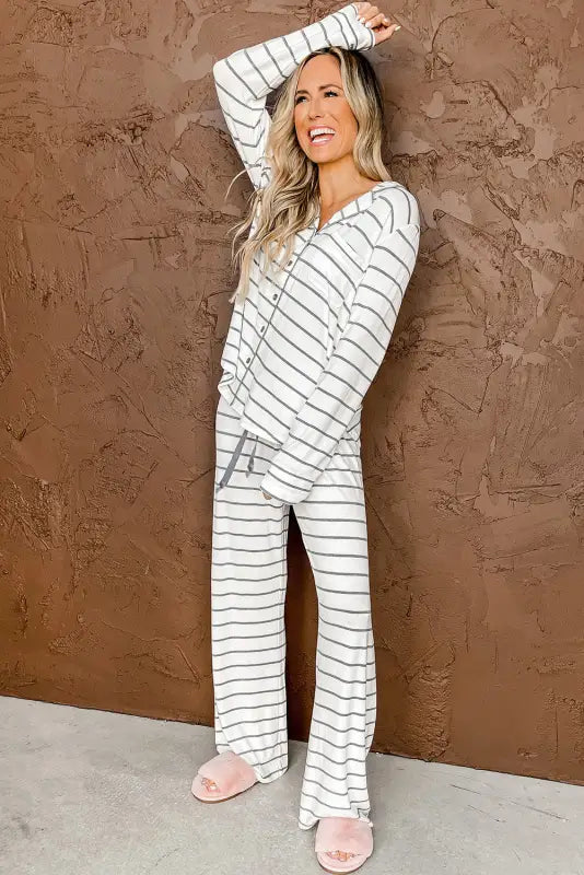 Striped print long sleeve and pants pajamas set - pajama sets