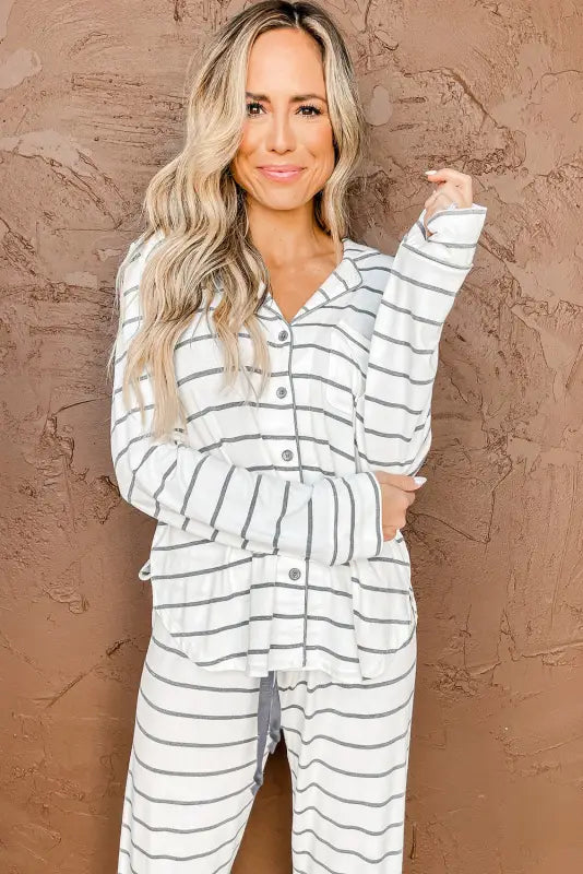 Striped print long sleeve and pants pajamas set - pajama sets