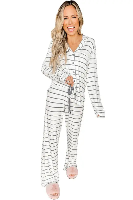 Striped print long sleeve and pants pajamas set - pajama sets