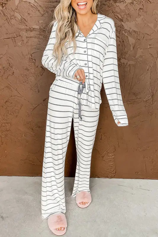 Striped print long sleeve and pants pajamas set - stripe / s / 95% polyester + 5% elastane - pajama sets