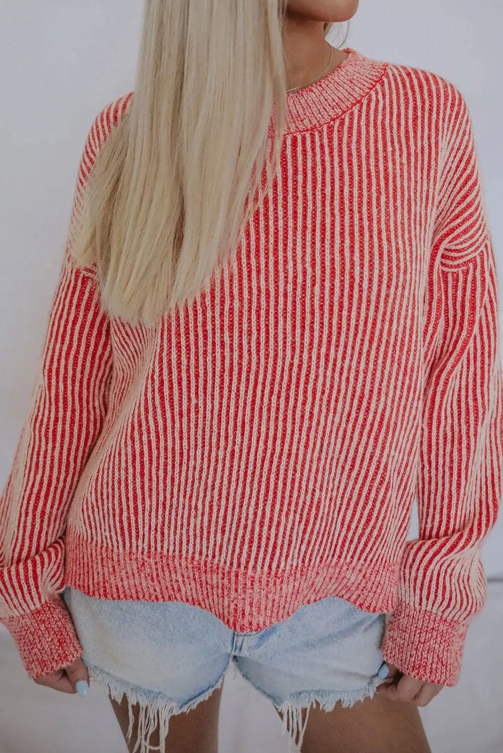 Striped print ribbed trim round neck sweater - red / s / 100% acrylic - sweaters & cardigans