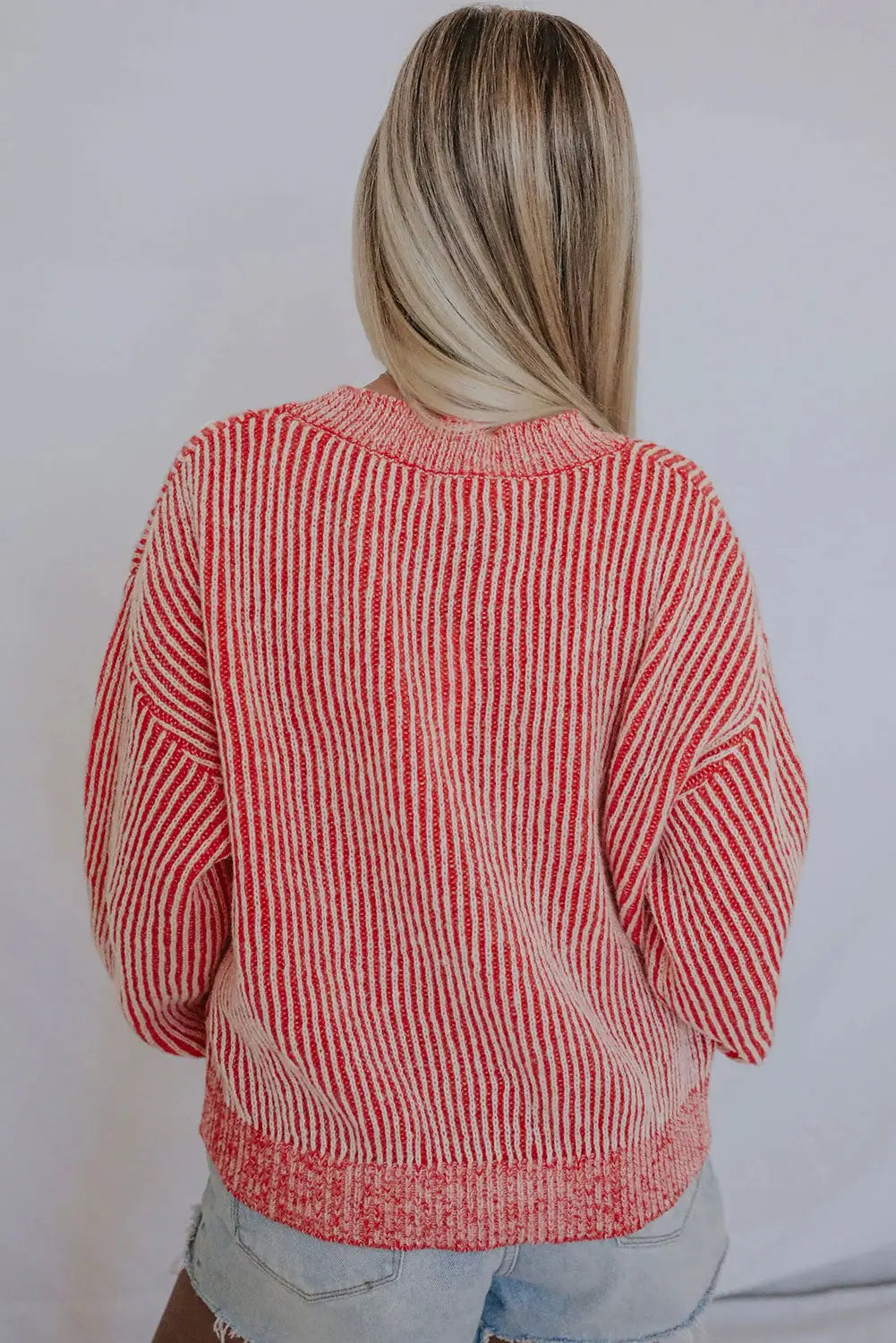 Striped print ribbed trim round neck sweater - sweaters & cardigans
