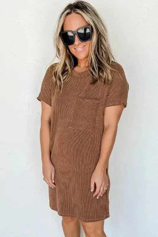 Striped Ribbed Knit T-shirt Dress - Fashionfitz