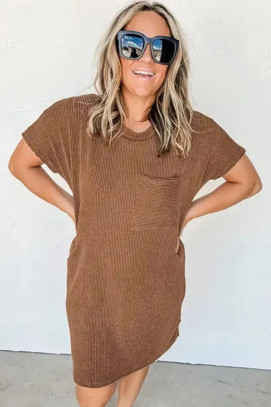 Striped Ribbed Knit T-shirt Dress - Fashionfitz