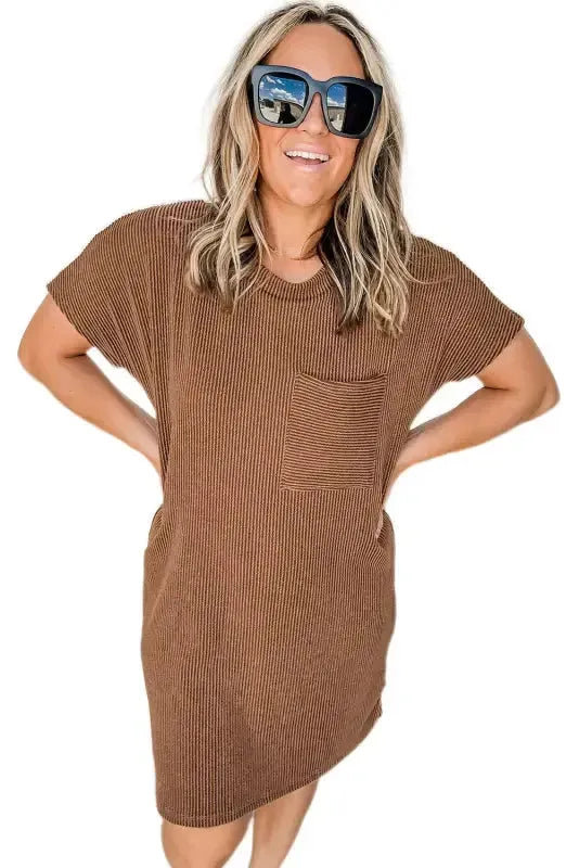 Striped Ribbed Knit T-shirt Dress - Fashionfitz