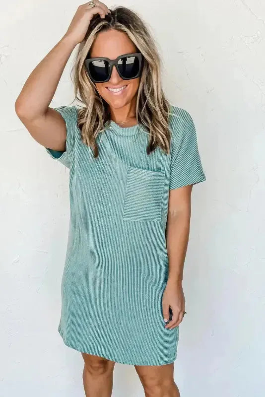 Striped Ribbed Knit T-shirt Dress - Fashionfitz