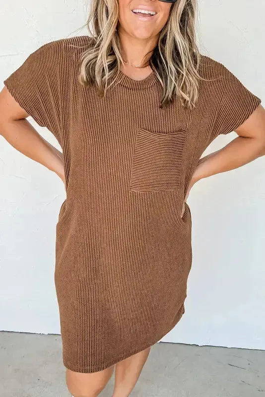 Striped ribbed knit T-shirt dress in relaxed shift silhouette front view — Fashionfitz UK