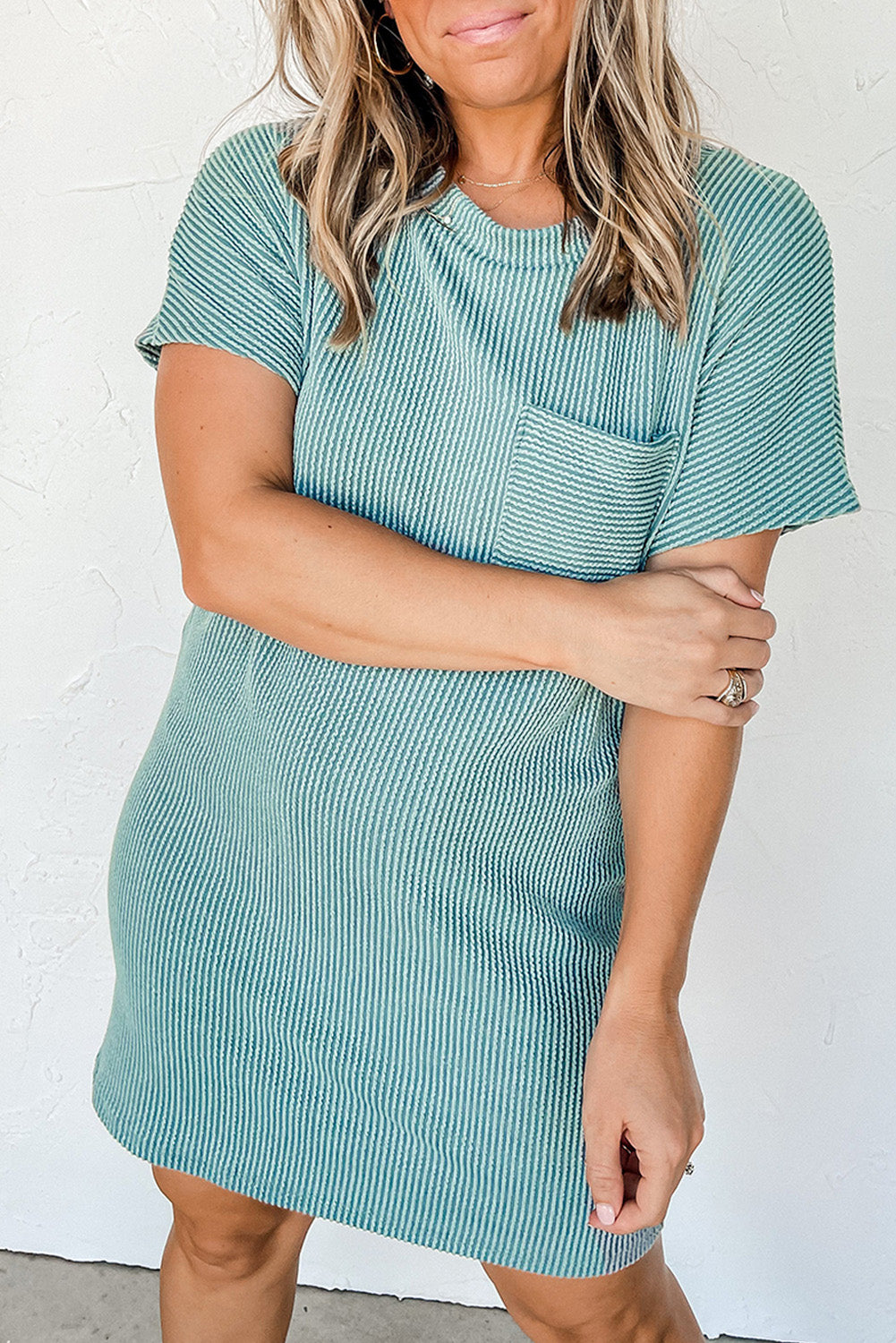 Striped ribbed knit t-shirt shift dress - blue / s / 70% polyester + 27% viscose + 3% elastane - t-shirt dresses