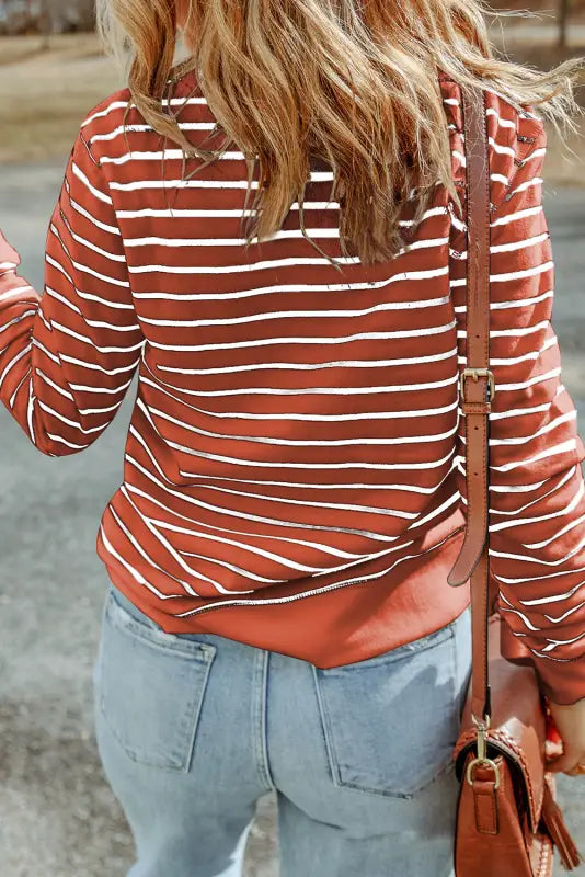 Striped print ribbed trim long sleeve top - tops