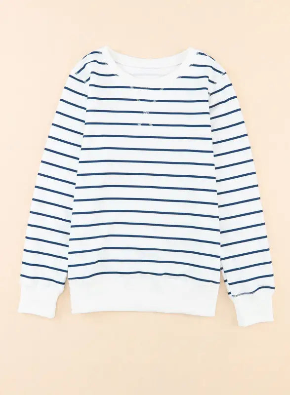 Striped print ribbed trim long sleeve top - tops