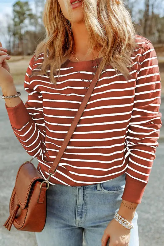 Striped print ribbed trim long sleeve top - red / s / 100% polyester - tops