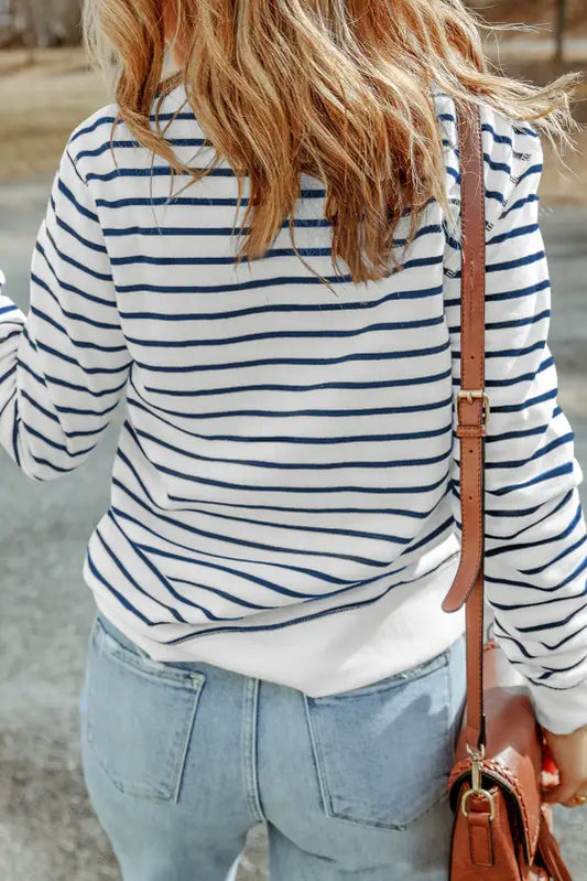 Striped print ribbed trim long sleeve top - tops