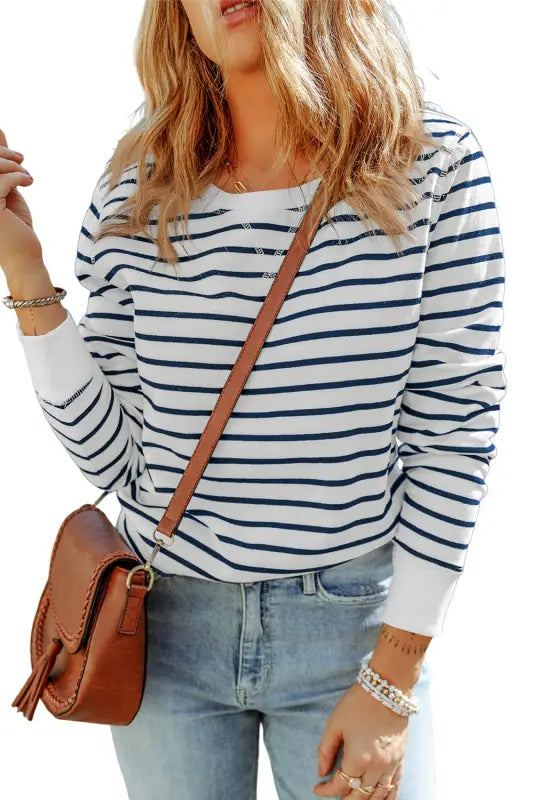 Striped print ribbed trim long sleeve top - tops