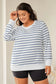 Striped print ribbed trim long sleeve top - tops