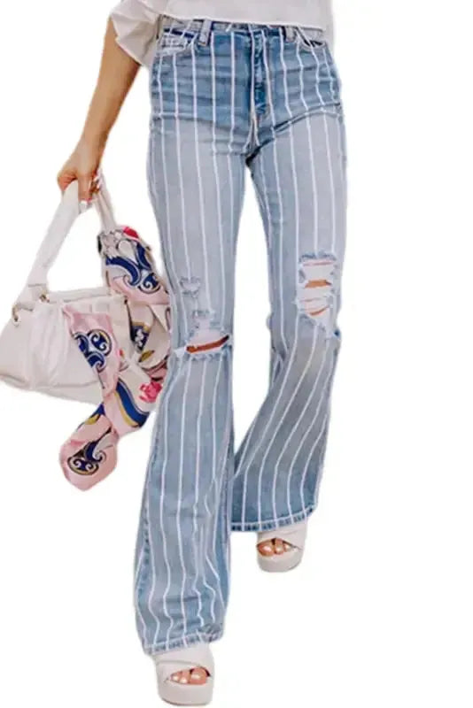 Striped Ripped Flare Jeans - Fashionfitz
