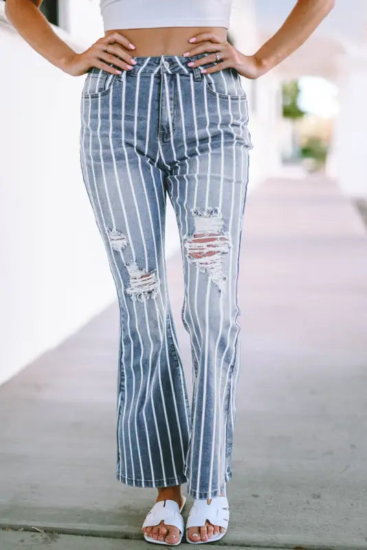 Striped ripped flare jeans - sky blue / 6 / 71.5% cotton + 25% polyester + 2% viscose + 1.5% elastane