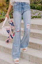 Striped Ripped Flare Jeans - Fashionfitz