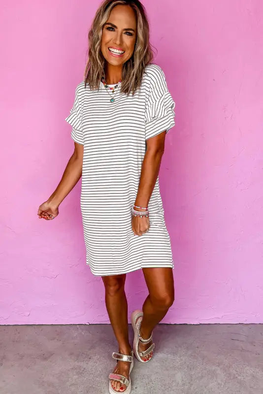 Striped ruffle mini t-shirt dress - white by fashionfitz