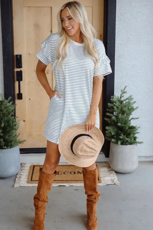 Striped ruffle mini t-shirt dress - white by fashionfitz