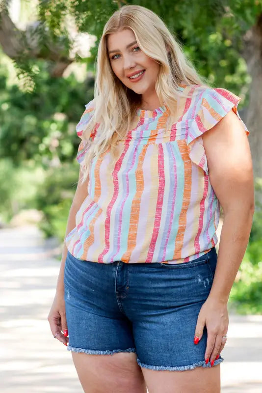 Multicolor striped color block ruffled o-neck sleeveless top - tank tops