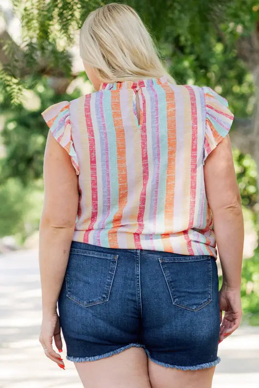 Multicolor striped color block ruffled o-neck sleeveless top - tank tops