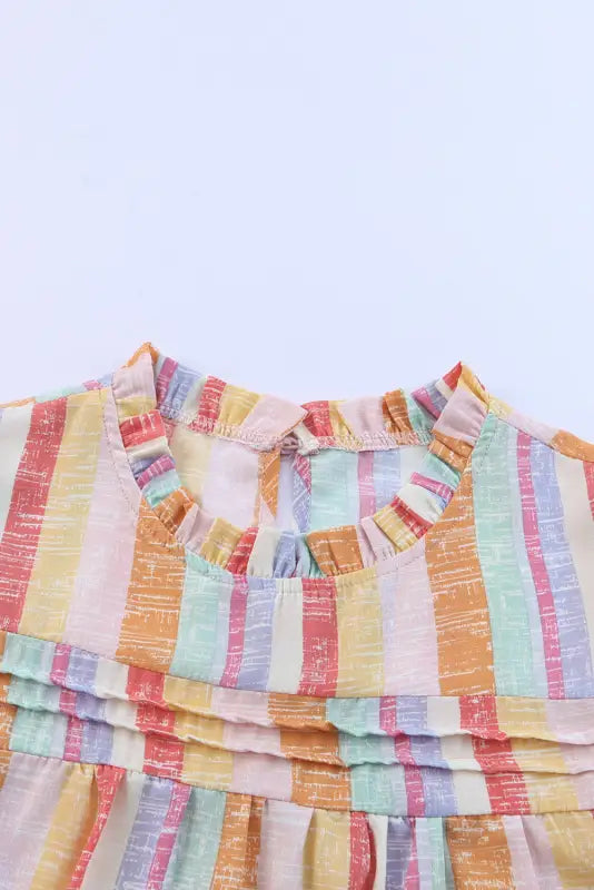 Multicolor striped color block ruffled o-neck sleeveless top - tank tops