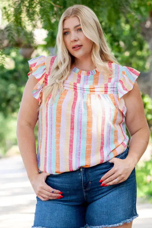 Multicolor striped color block ruffled o-neck sleeveless top - tank tops