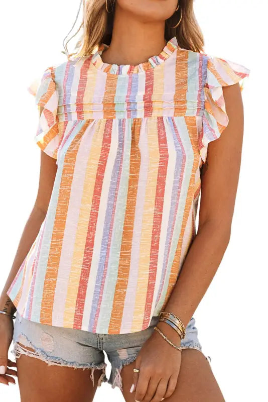 Multicolor striped color block ruffled o-neck sleeveless top - tank tops